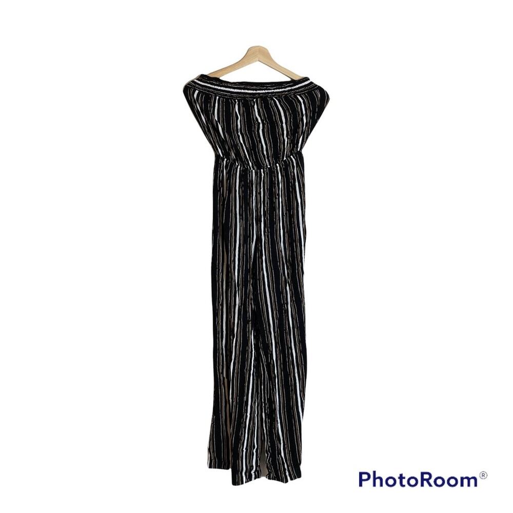 Becool Women Black White Striped Strapless Smocked Wide Leg Jumpsuit Size M